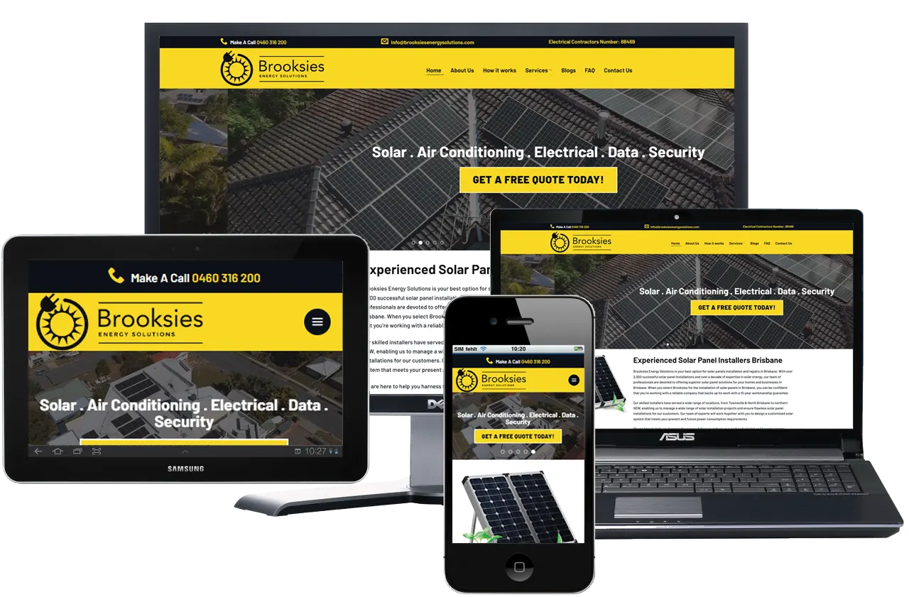 Solar installer website for Brooksies Energy Solutions in Brisbane shown on desktop, laptop, tablet and phone