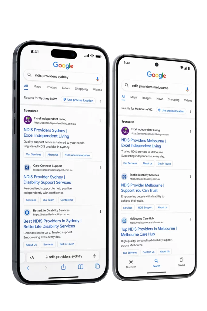 NDIS providers appearing in Google search results for Sydney and Melbourne