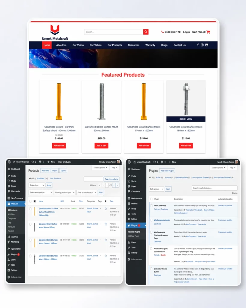 wordpress website and admin backend showing products and plugins page