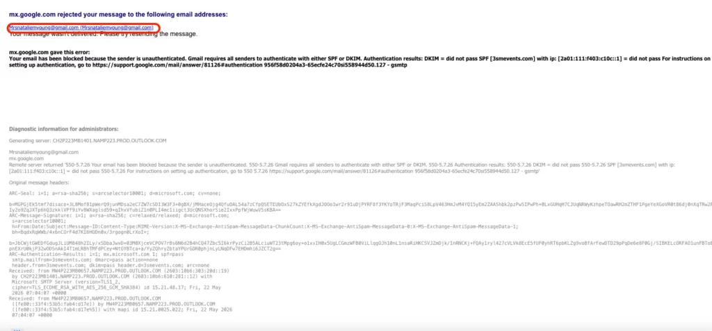 Gmail bounce error showing SPF and DKIM authentication failure for Office 365 email