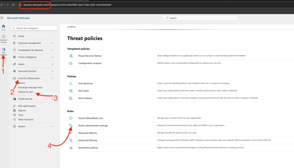 Microsoft Defender portal showing how to navigate to Email Authentication Settings to enable DKIM for Office 365