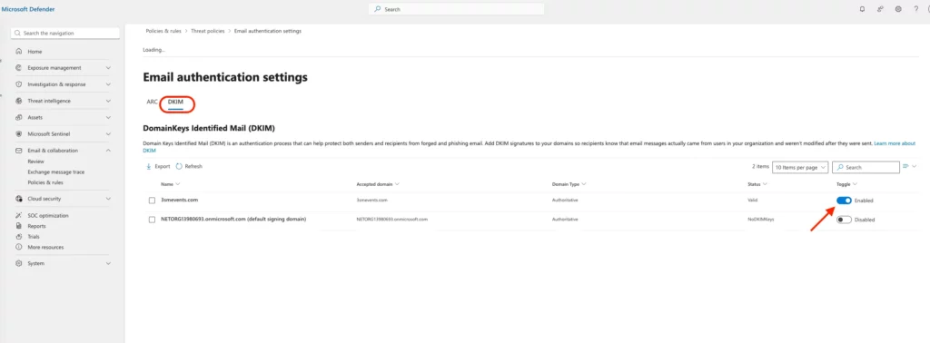 Microsoft 365 DKIM settings showing domain status as Valid and Enabled after adding CNAME records to DNS