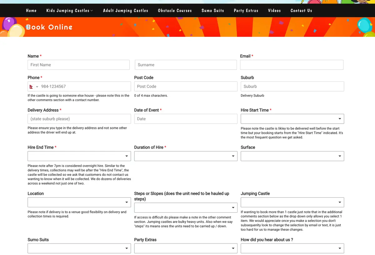 Ash Jumping Castles online booking and enquiry form built by Uniweb
