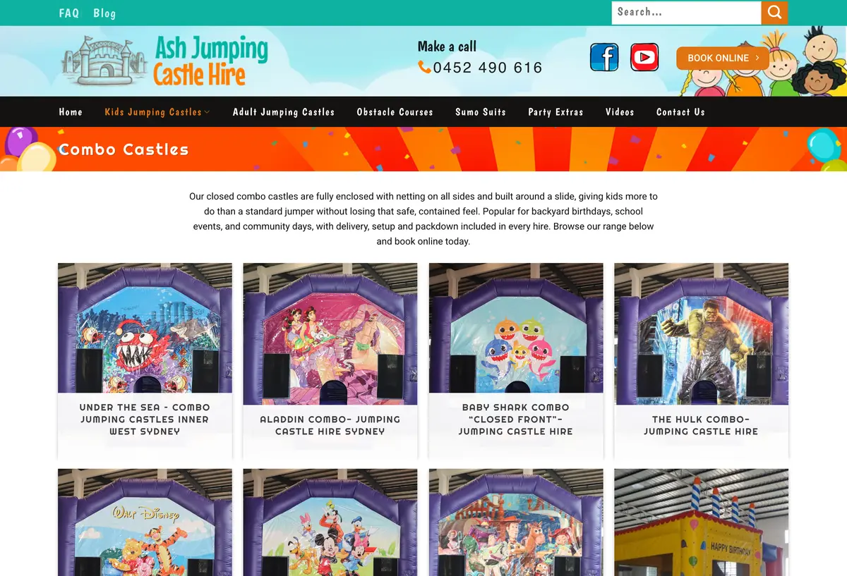 Ash Jumping Castles hire range page built by Uniweb