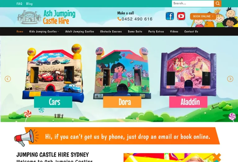 Ash Jumping Castles homepage, a fast custom WordPress website built by Uniweb