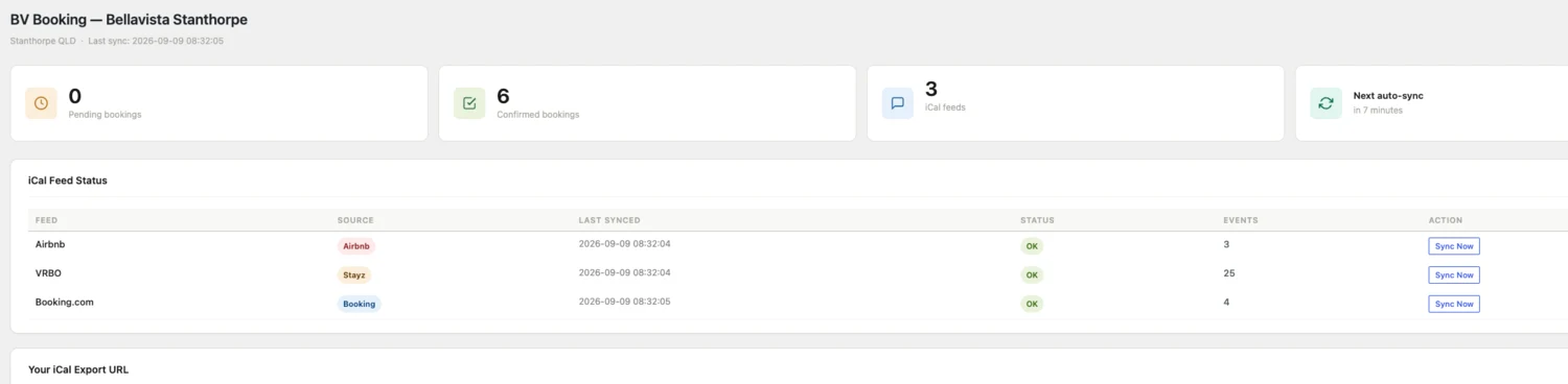 Bella Vista Stanthorpe booking engine iCal sync panel built by Uniweb, syncing Airbnb, VRBO and Booking.com