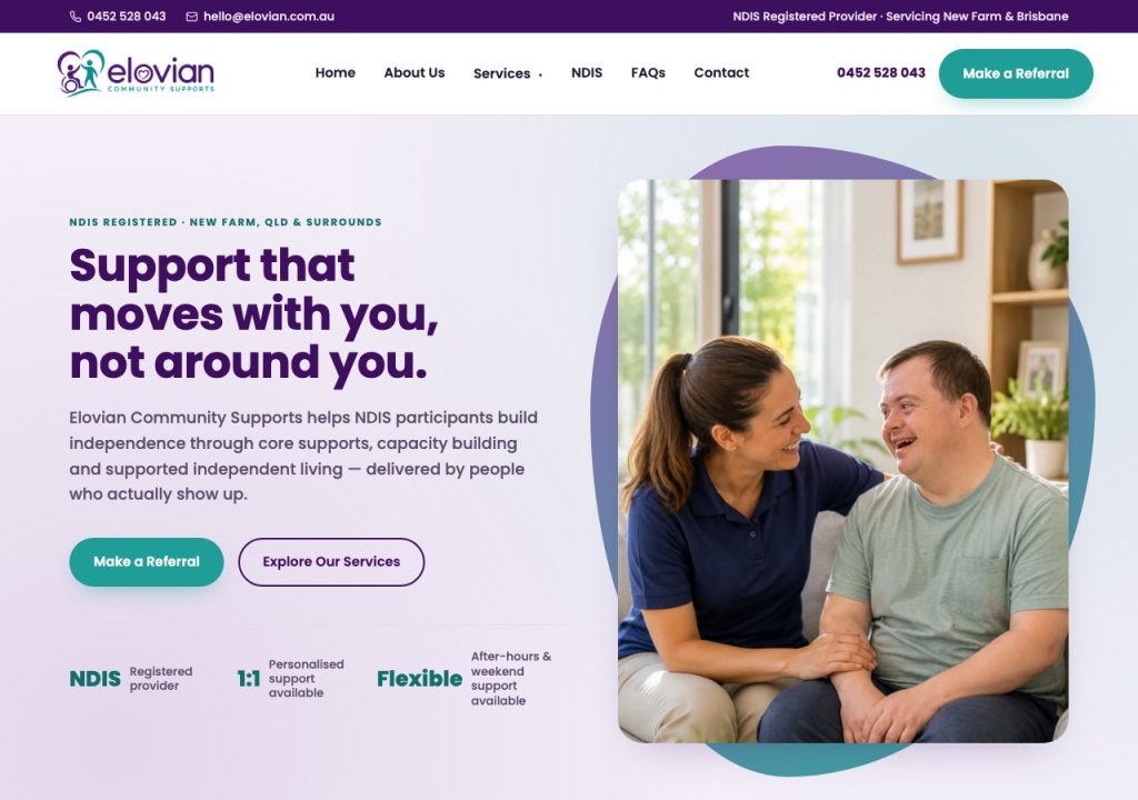 NDIS website designed by Uniweb for Elovian Community Supports, registered provider in Brisbane