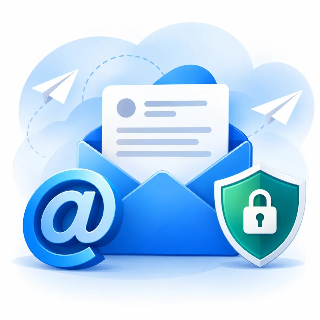 Open envelope with a message, an at symbol and a security shield with padlock, illustrating professional email setup and deliverability for NDIS providers