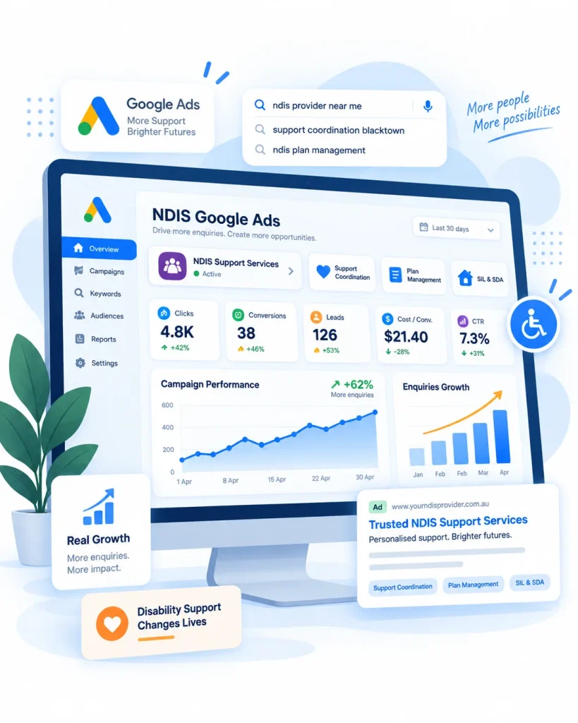 NDIS Google Ads campaign dashboard showing participant searches such as support coordination Blacktown, with enquiries, cost per conversion and an example provider ad