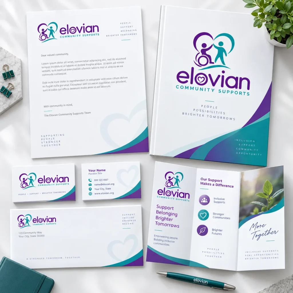 NDIS provider brand stationery for Elovian Community Supports: logo on letterhead, brochure, business cards, envelope and pen in purple and teal
