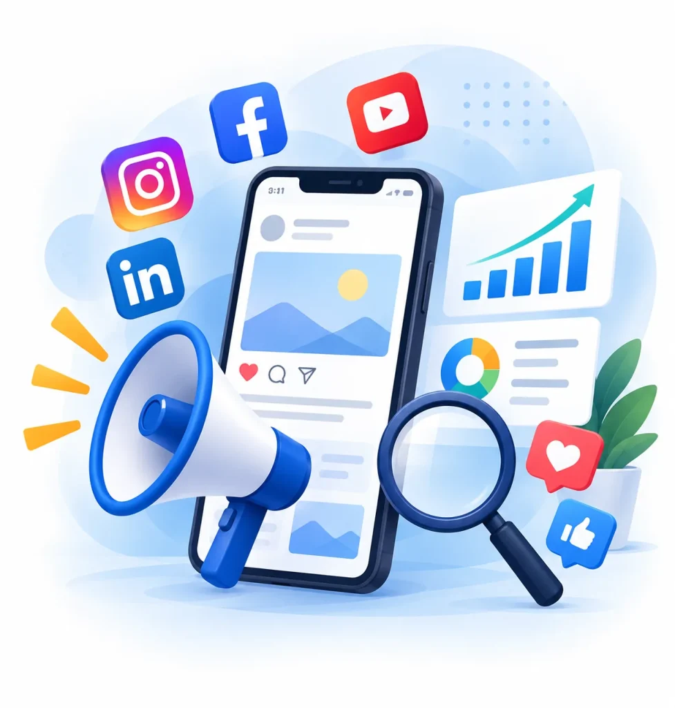 Phone showing a social media feed with Facebook, Instagram, LinkedIn and YouTube icons, a megaphone and an engagement growth chart, illustrating social media marketing for NDIS providers