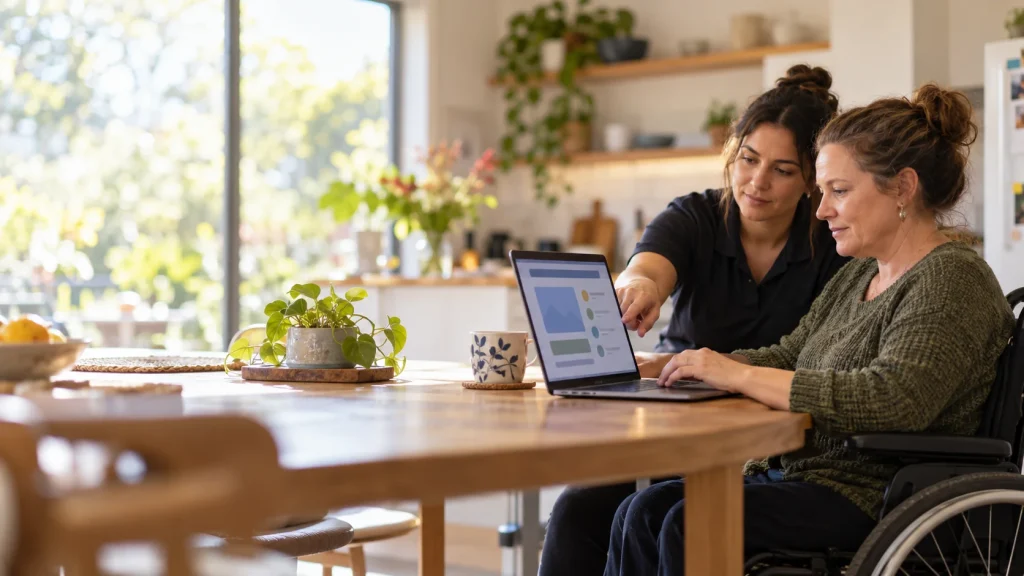 A support worker points to a website on a laptop while a woman in a wheelchair uses it at her kitchen table.