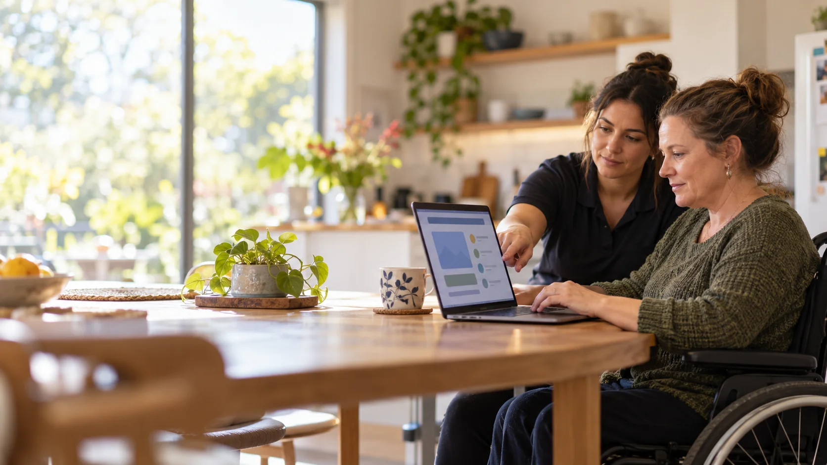 A support worker points to a website on a laptop while a woman in a wheelchair uses it at her kitchen table.