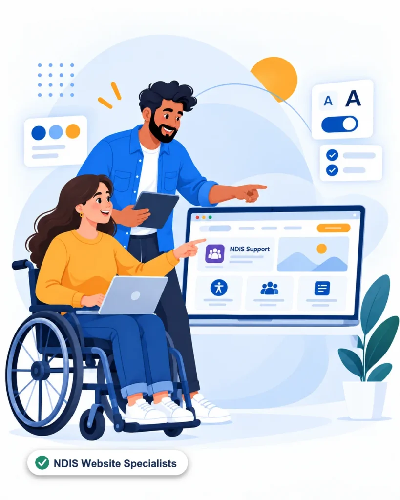 Two NDIS participants, one using a wheelchair, viewing an accessible NDIS website, with an NDIS Website Specialists badge, designed by Uniweb