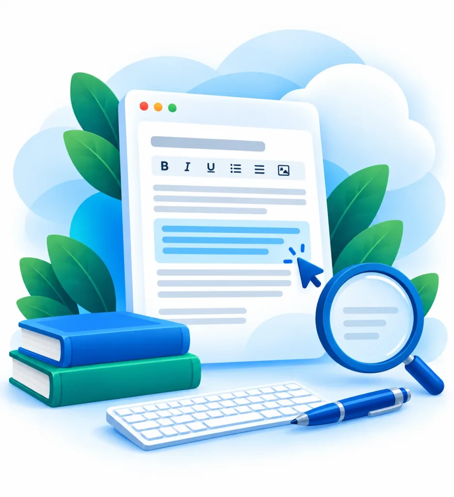 Web page being written in a text editor with a magnifying glass, books, keyboard and pen, illustrating plain-language content writing for NDIS provider websites