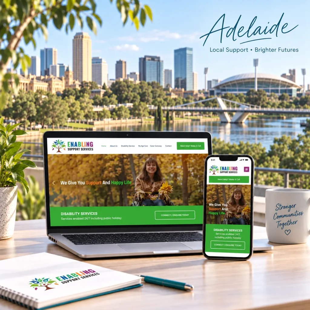 Enabling Support Services NDIS website designed by Uniweb shown on a laptop and phone beside the River Torrens, with the Adelaide skyline and Adelaide Oval behind