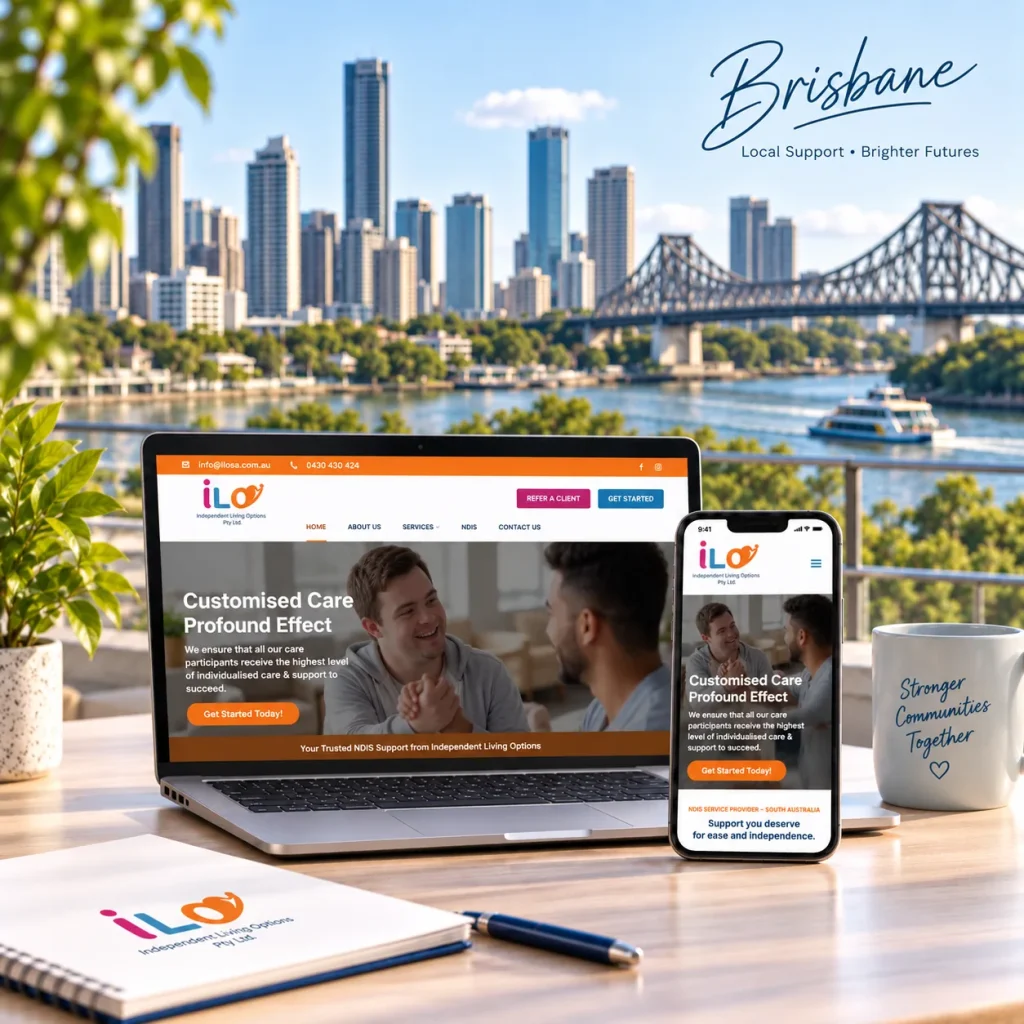 Independent Living Options NDIS website designed by Uniweb shown on a laptop and phone by the Brisbane River, with the city skyline and Story Bridge behind