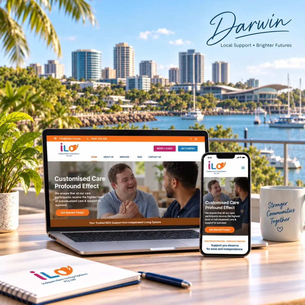 Independent Living Options NDIS website designed by Uniweb shown on a laptop and phone overlooking Darwin harbour, with the city skyline and marina behind