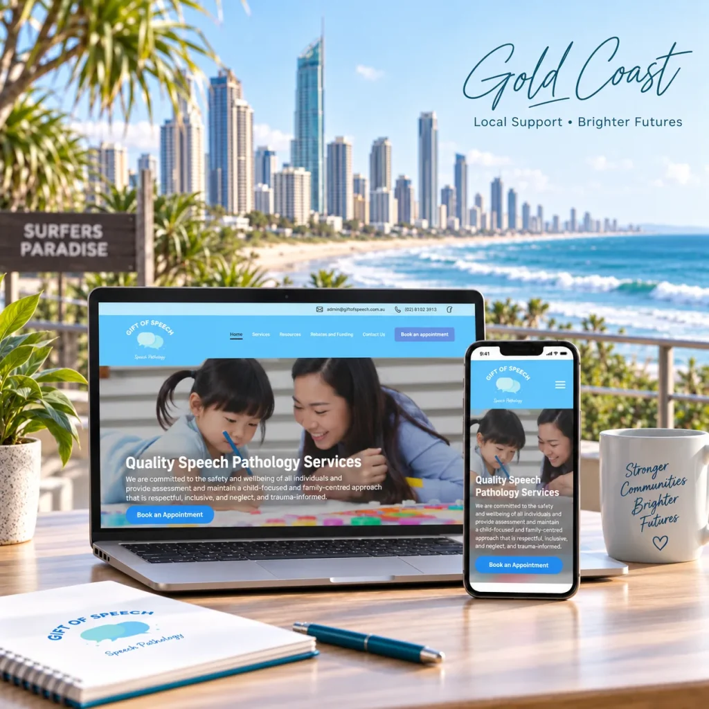 Gift of Speech NDIS website designed by Uniweb shown on a laptop and phone overlooking Surfers Paradise beach and the Gold Coast skyline