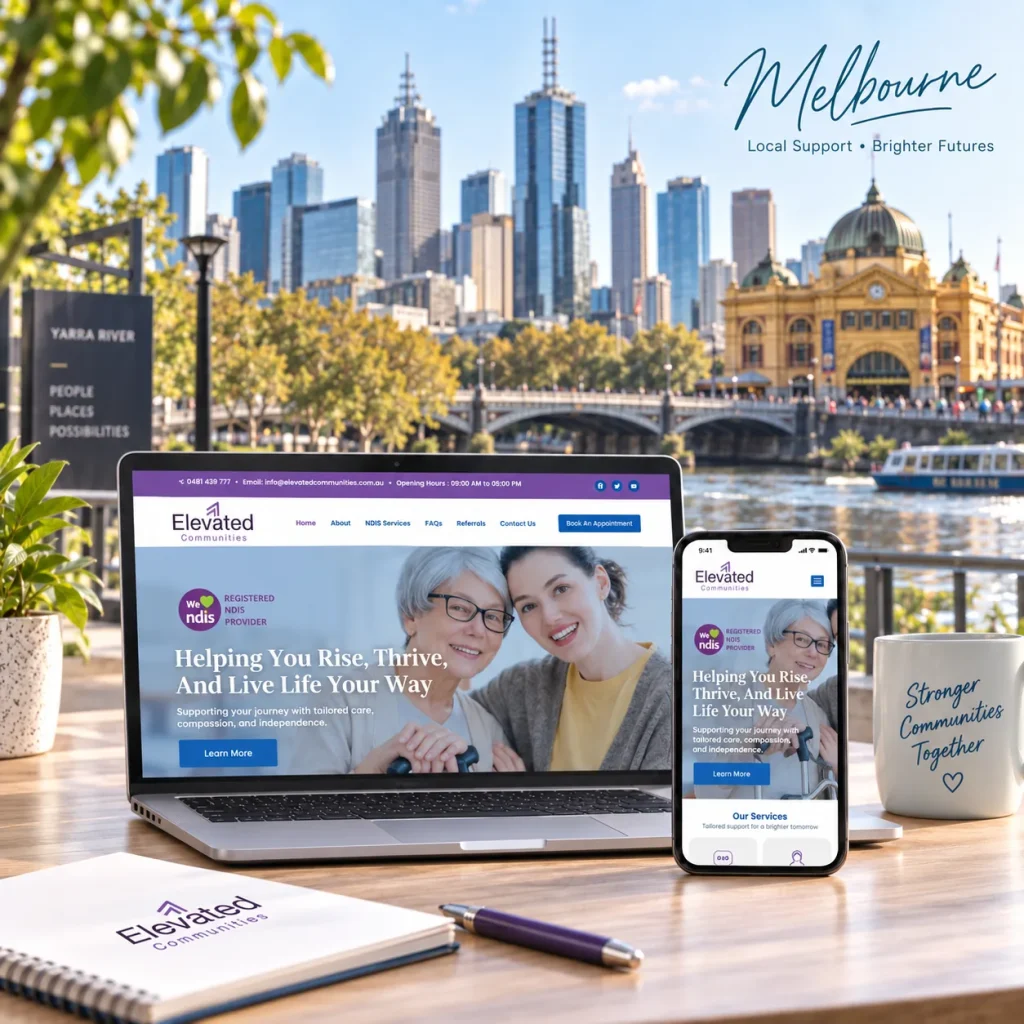 Elevated Communities NDIS website designed by Uniweb shown on a laptop and phone beside the Yarra River, with the Melbourne skyline and Flinders Street Station behind