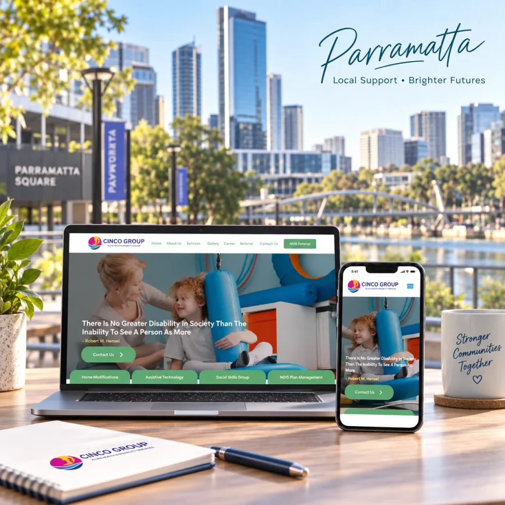 Cinco Group NDIS website designed by Uniweb shown on a laptop and phone at Parramatta Square, with the Parramatta skyline and river behind