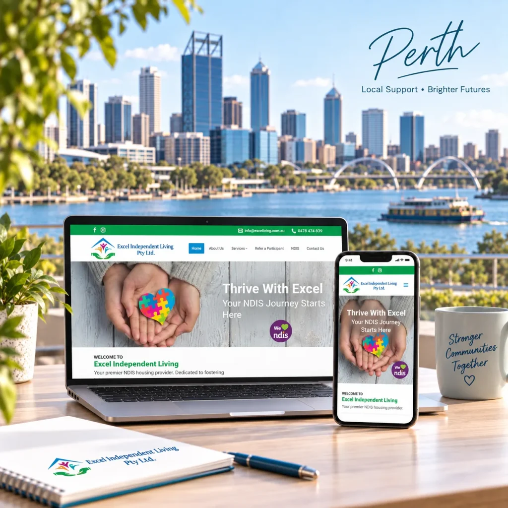 Excel Independent Living NDIS website designed by Uniweb shown on a laptop and phone across the Swan River from the Perth skyline and Elizabeth Quay bridge