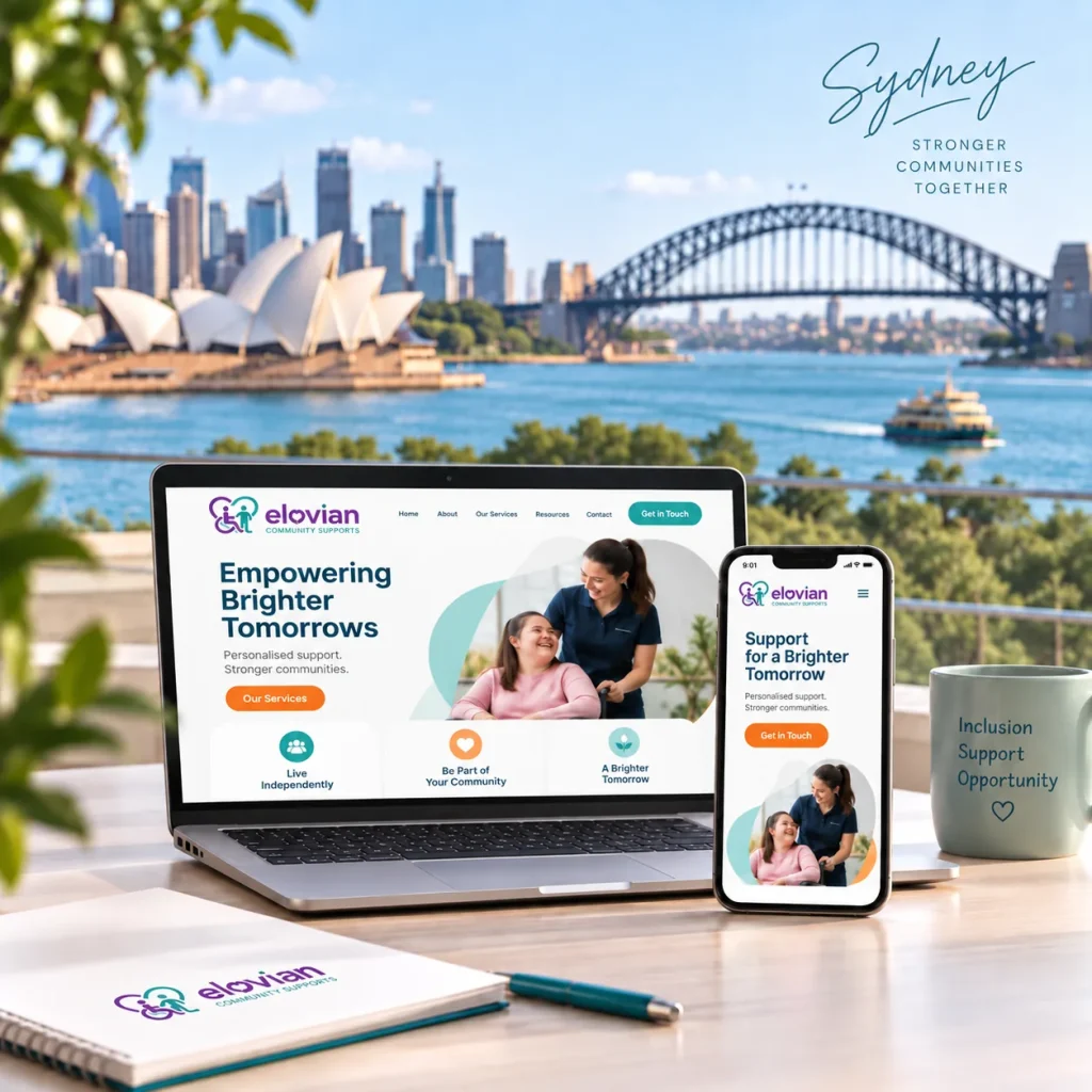 NDIS provider website designed by Uniweb shown on a laptop and phone overlooking Sydney Harbour, with the Opera House and Harbour Bridge behind