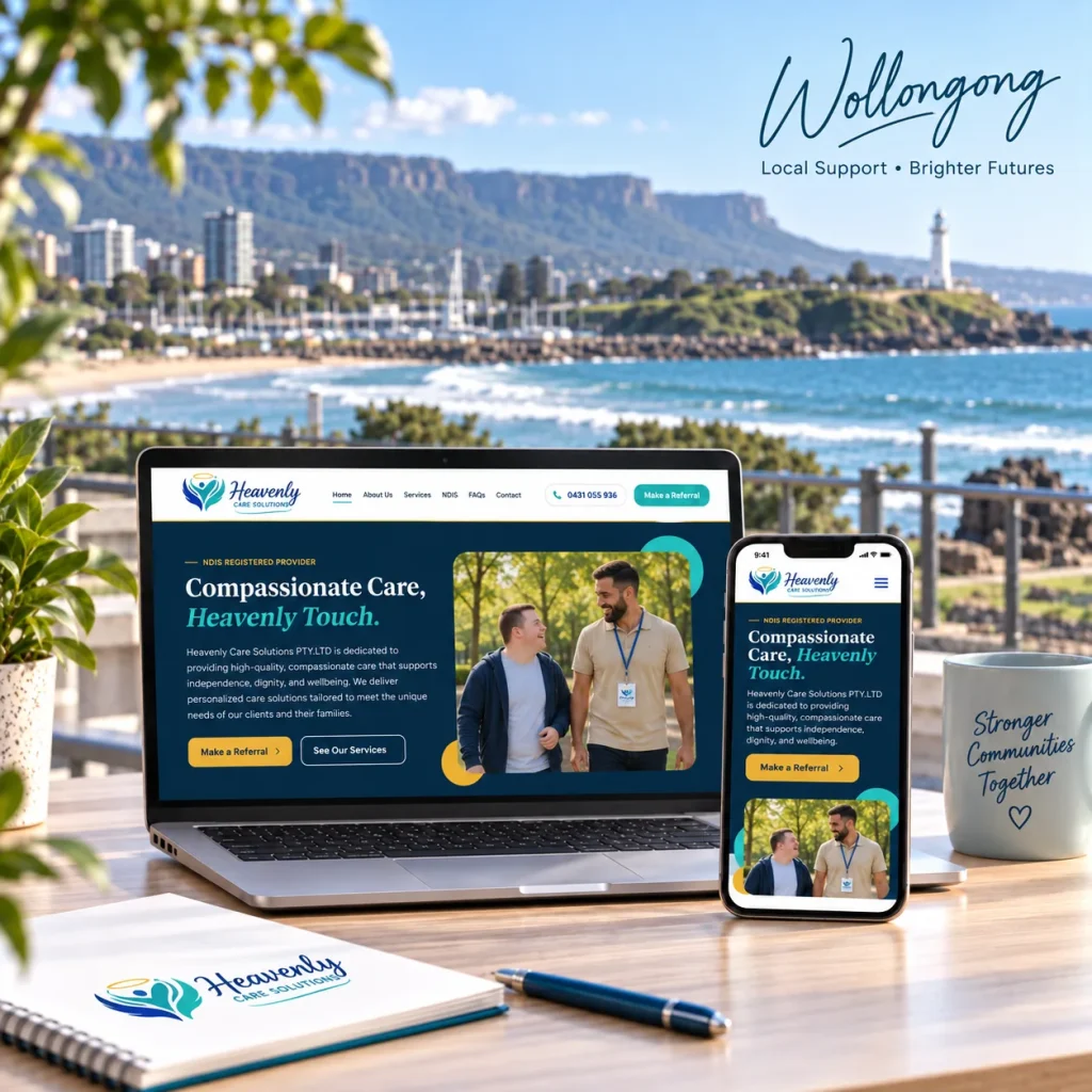Heavenly Care Solutions NDIS website designed by Uniweb shown on a laptop and phone above Wollongong harbour, with the lighthouse and Illawarra escarpment behind