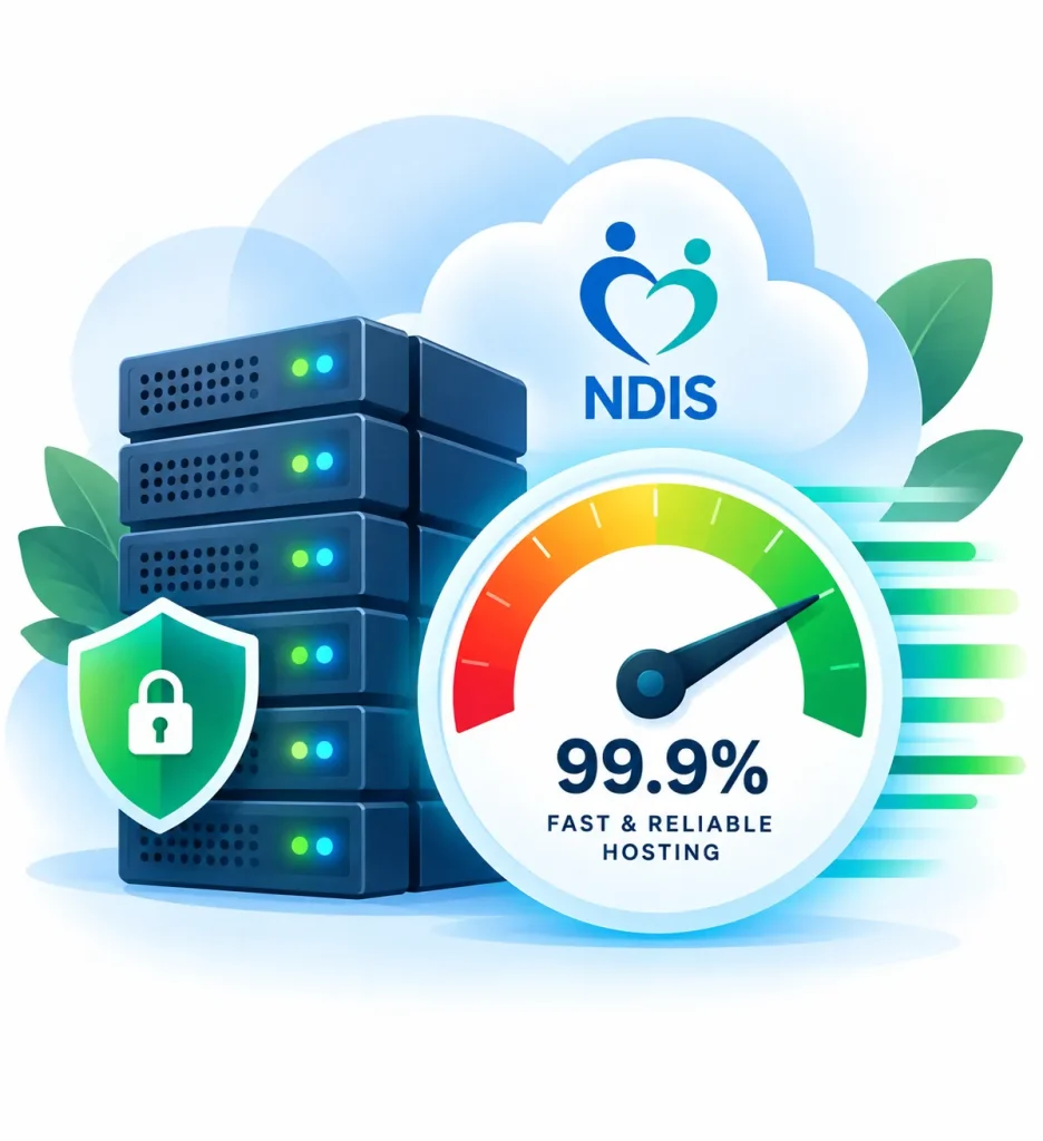 Server rack with security shield and a 99.9 percent uptime gauge, illustrating Australian hosting and maintenance for NDIS provider websites