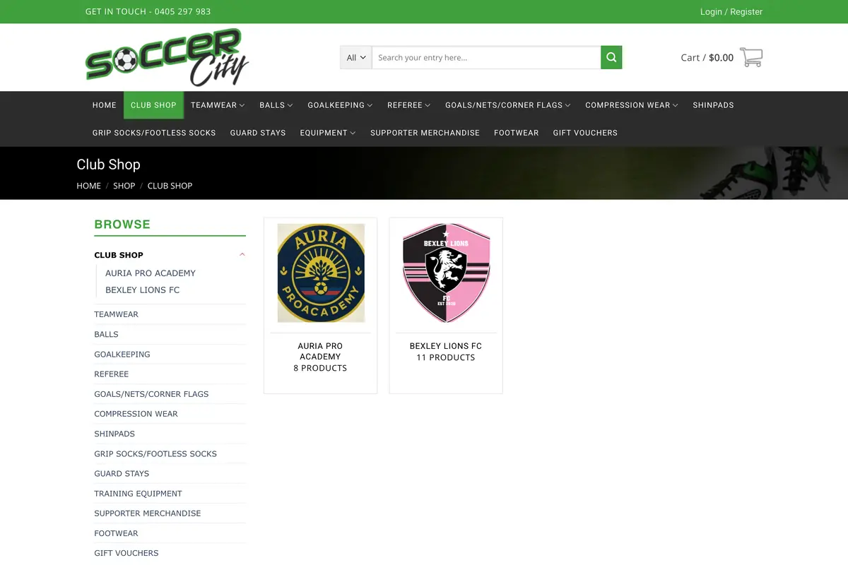 Soccer City club shops for football teams, built by Uniweb