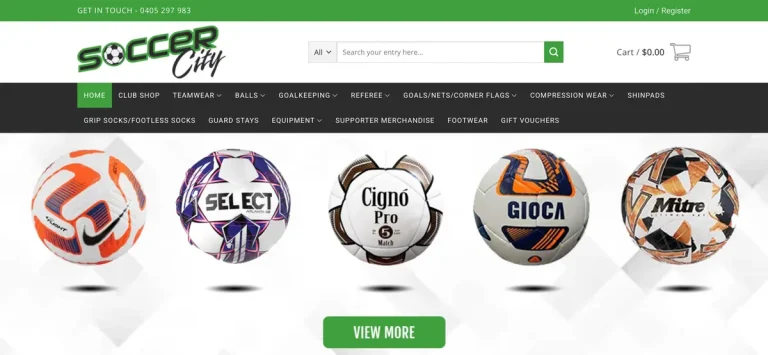 Soccer City football gear store homepage, a custom WooCommerce website built by Uniweb