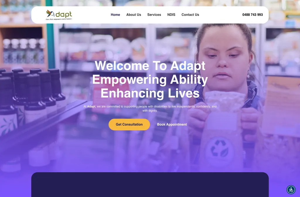 Adapt disability support NDIS website designed by Uniweb