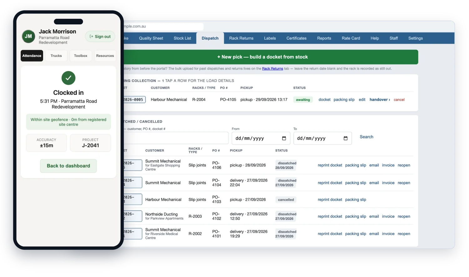 Custom web application development in Sydney: a dispatch portal on desktop beside a workforce clock-in app on a phone