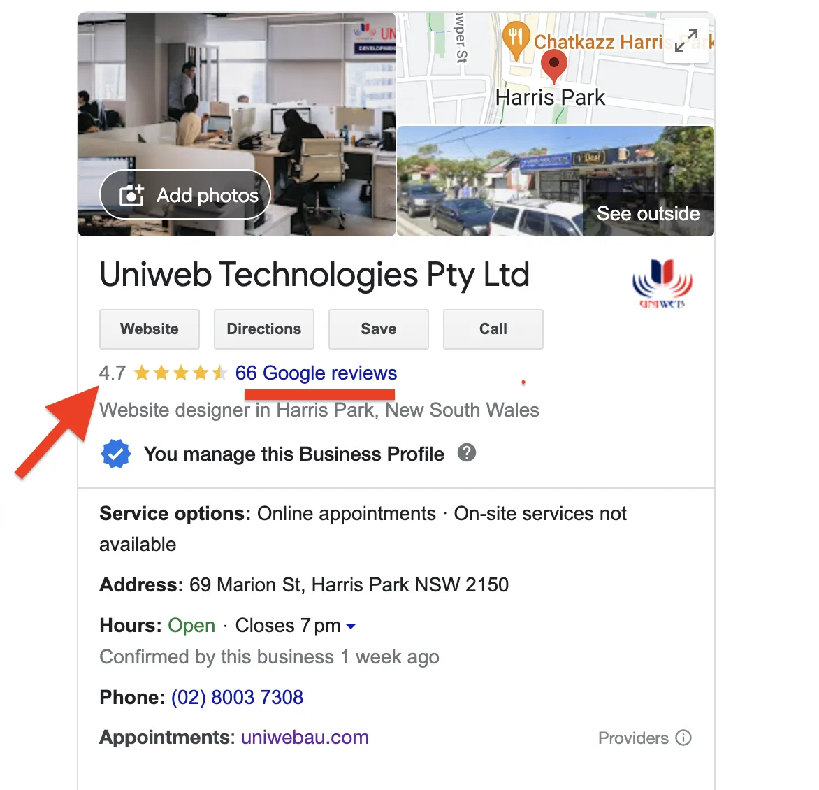 Google Business Profile for Uniweb Technologies in Harris Park, with an arrow pointing to its Google reviews